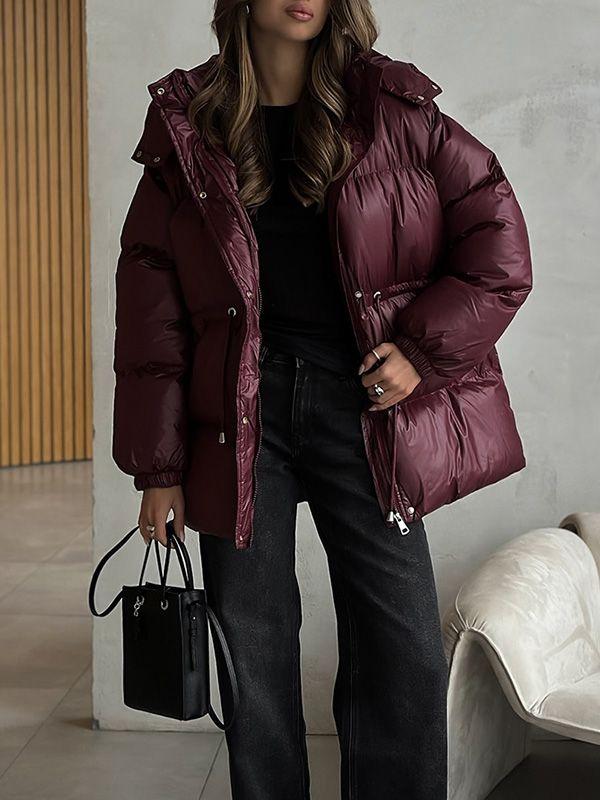 

Drawstring Slim-Fit Cotton Jacket Winter Hooded Zipper Cotton Jacket Comfortable and Warm Outerwear L вина червоного кольору