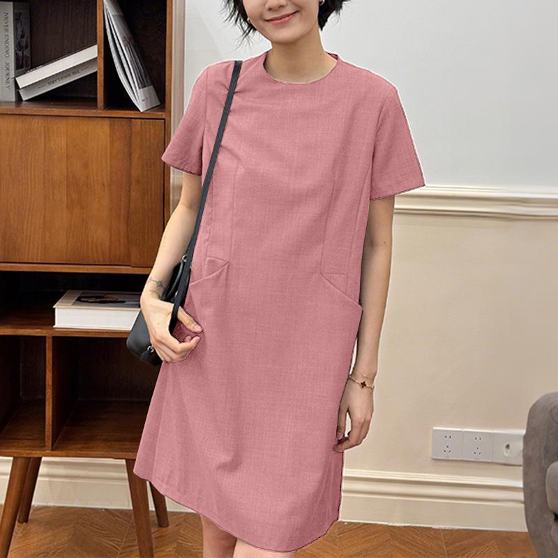 ZANZEA Vestido casual de manga corta de color sólido con cuello redondo para mujer