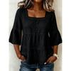 Zomer Dames Effen Linnen Katoen Vierkante Hals Top Kant Patchwork Driekwart Mouw Casual Blouse