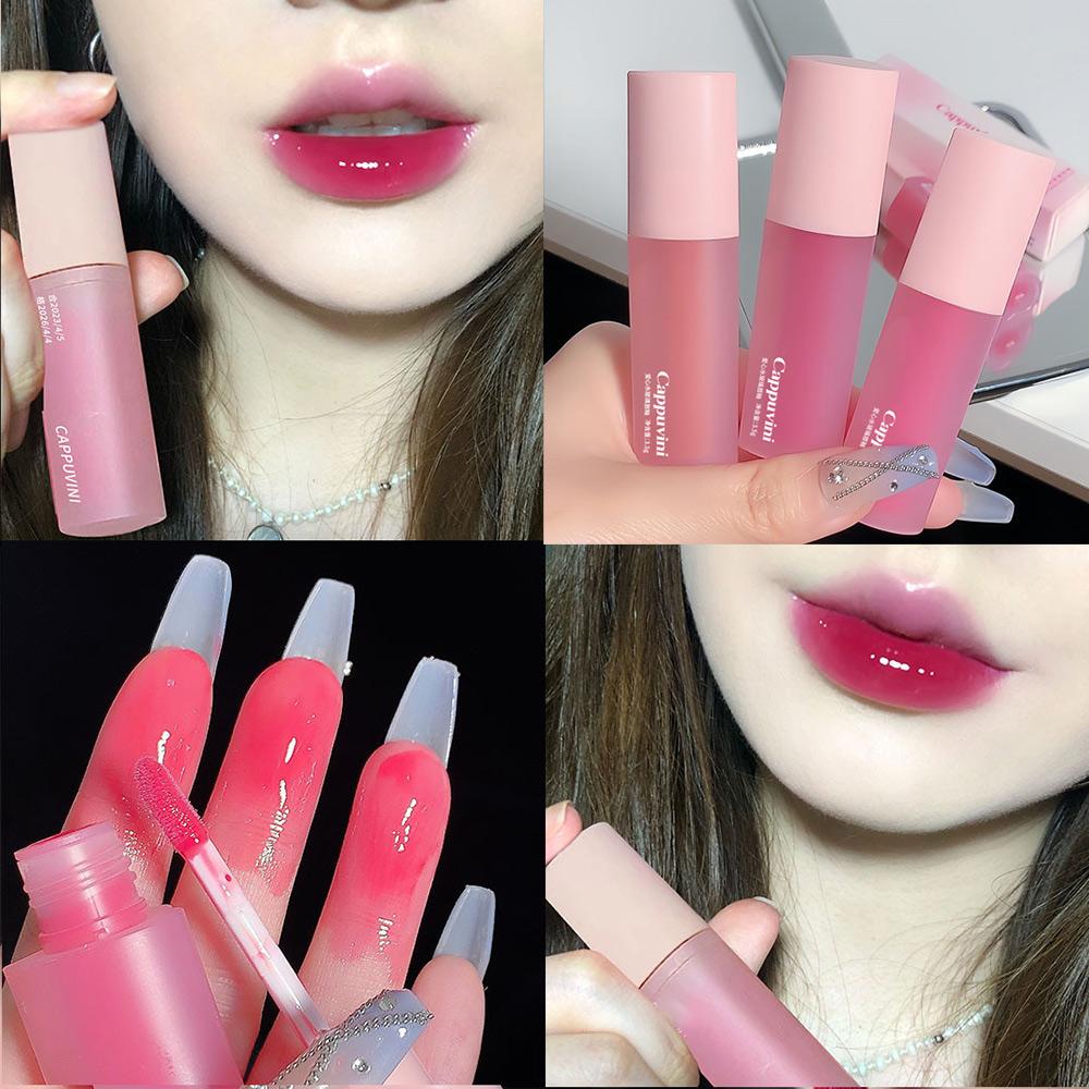 

CAPPUVINI Pink Love Heart Design Lip Glaze Mirror Water Light Glass Прозрачный блеск для губ Увлажняющая женская милая помада