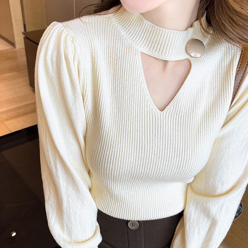 Solid Color Semi High Neck Hollow Knitted Base Sweater for Women Autumn Sexy Pullover Sweater for Women