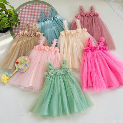 3D-Blumen Süßes Mädchen Netz Sommer Träger Strandkleid - Aufgebauschter Prinzessinnenrock für Baby Mädchen.