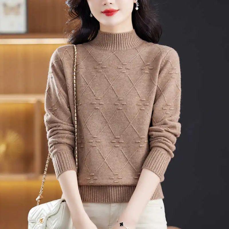 2025 New Thickened Warm Semi-turtleneck Knitted Sweater Women's Autumn and Winter New Solid Color Bottom Pullover Loose Knitted Sweater