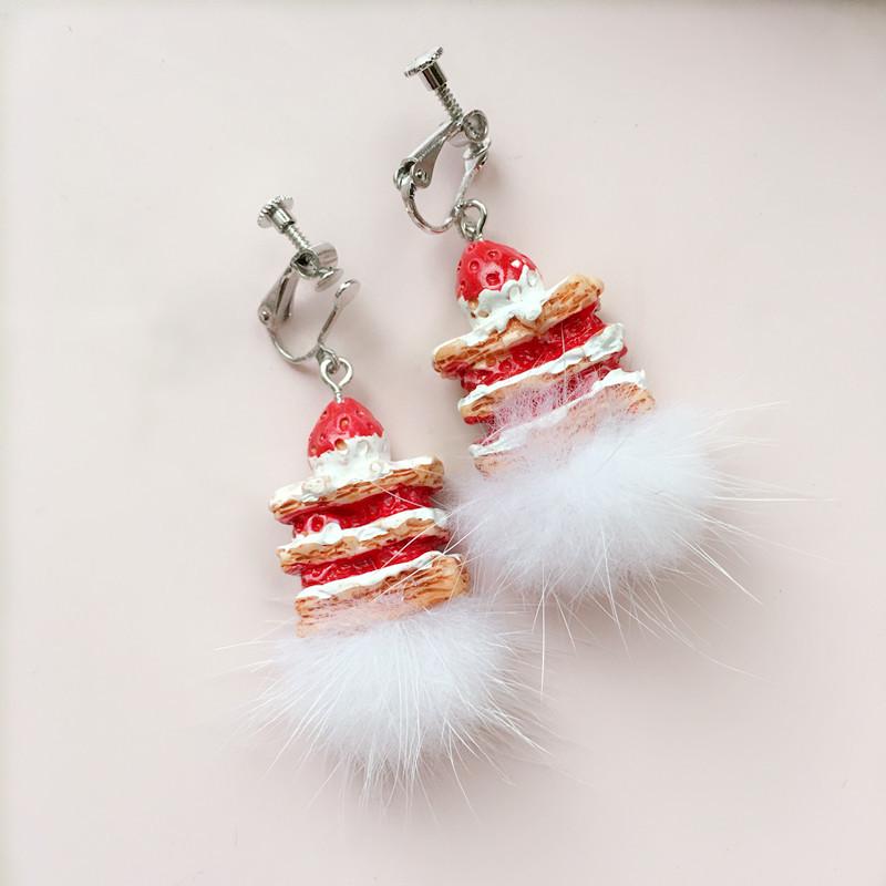 Harajuku Cute Plaid Bow & Mink Fur Ball Earrings with Strawberry Cake Dangles
