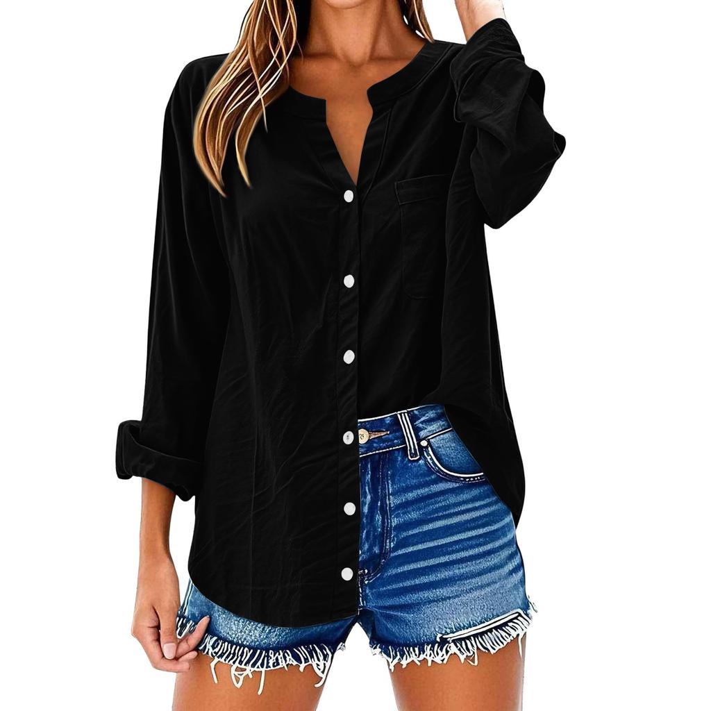 Women's Fashion Casual Solid Color T-Shirt Cotton Linen Long Sleeve Cardigan Loose Top