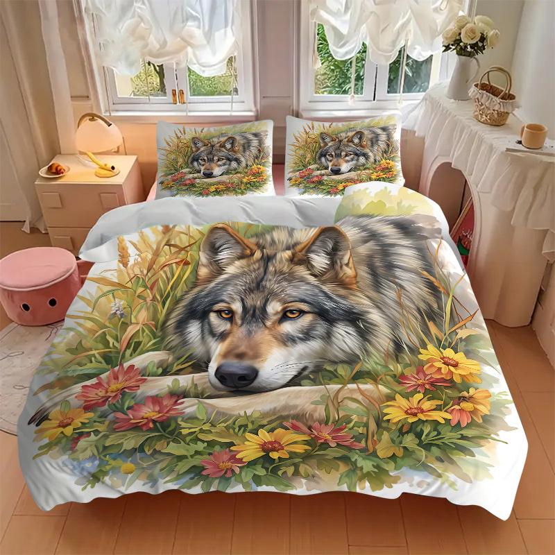 3pcs Serene Wolf amidst Nature's Splendor Printed Duvet Cover Set (1 * Cover+2 * Pillowcase, Without Core), Suitable for Home Bedroom, Guest Room