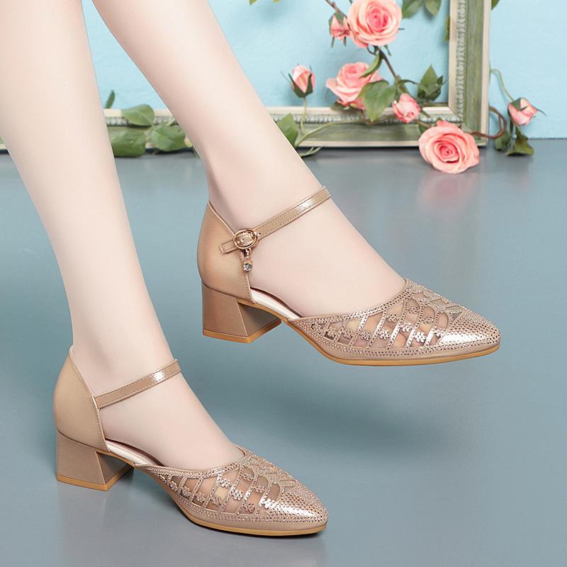 fashion Fashion Buckle Strap Women's Sandals Pointed Toe Square Heel Office Pumps Heel Heeled Gauze Sandals Comfortable For Office Mom