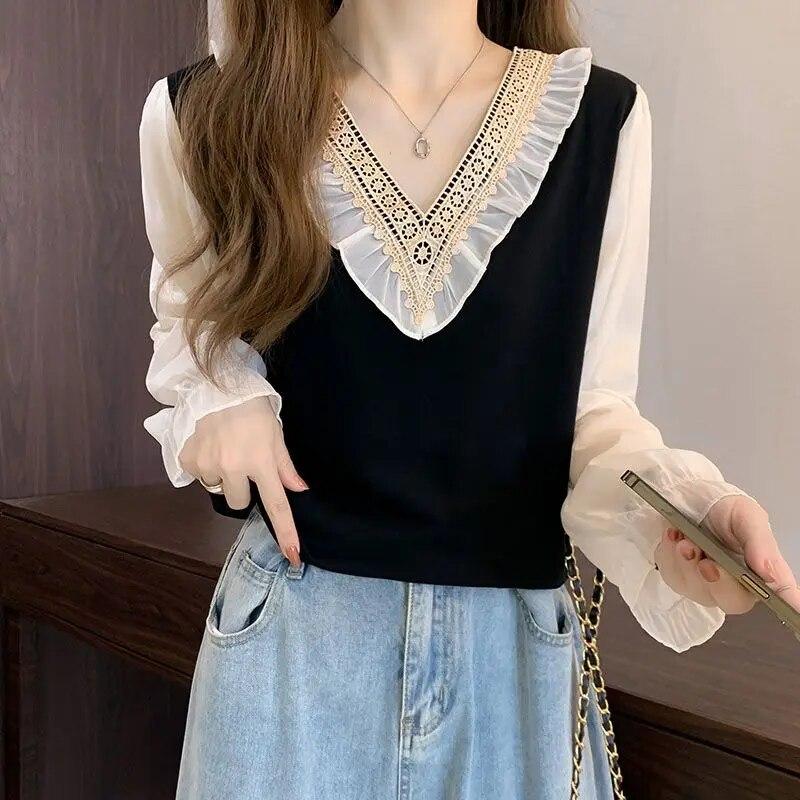 Spring Autumn Contrast Color Patchwork Fashion V-Neck Blouse Women High Street Elegant Long Sleeve Edible Tree Fungus Pullovers