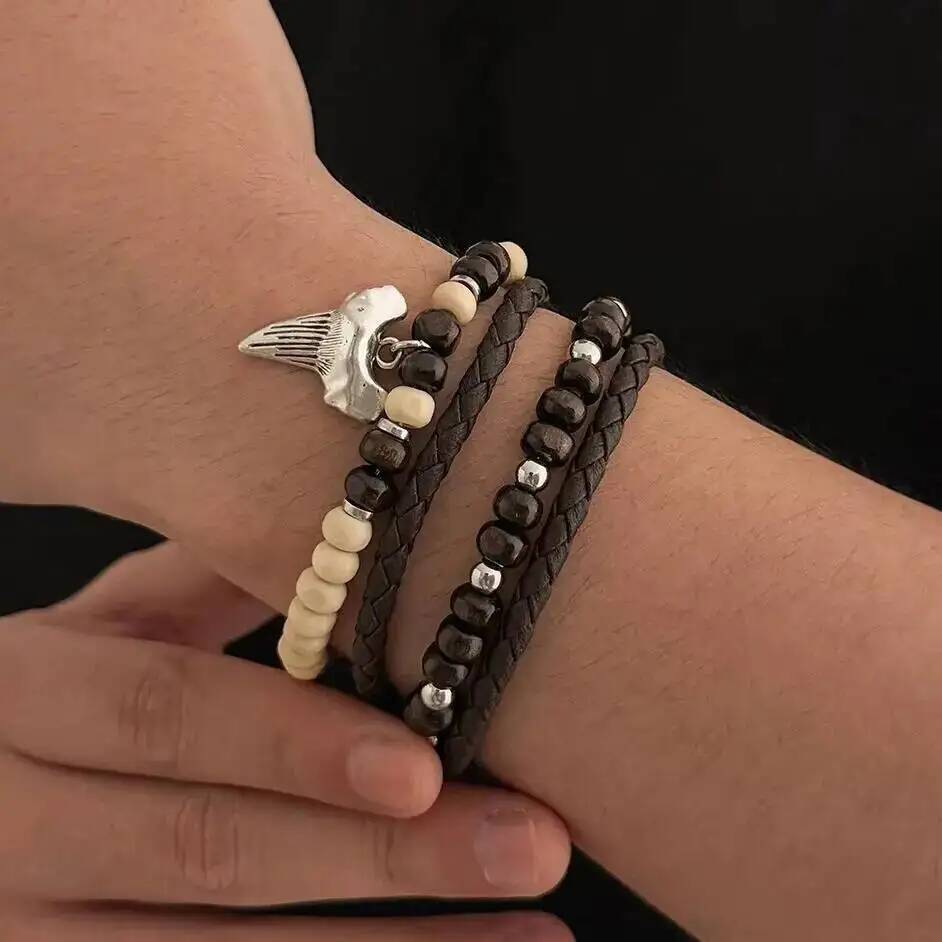 SHIXIN 4Pcs/Set Boho Wooden Bead Coconut Bracelet Men HipHop Multi-layer Stackable Bracelet Retro Jewelry Party Accessories Gift