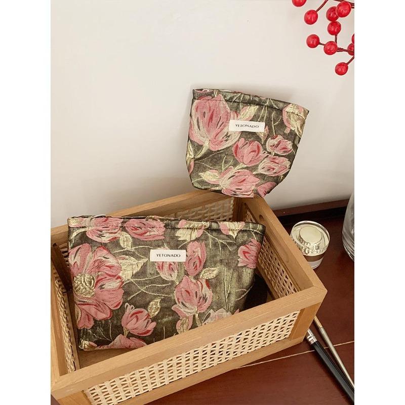 Embroidered Flower Cosmetic Bag Large-capacity Floral Skin Care Product Storage Bag Portable Outing Toiletry Bag Travel Liner Bag