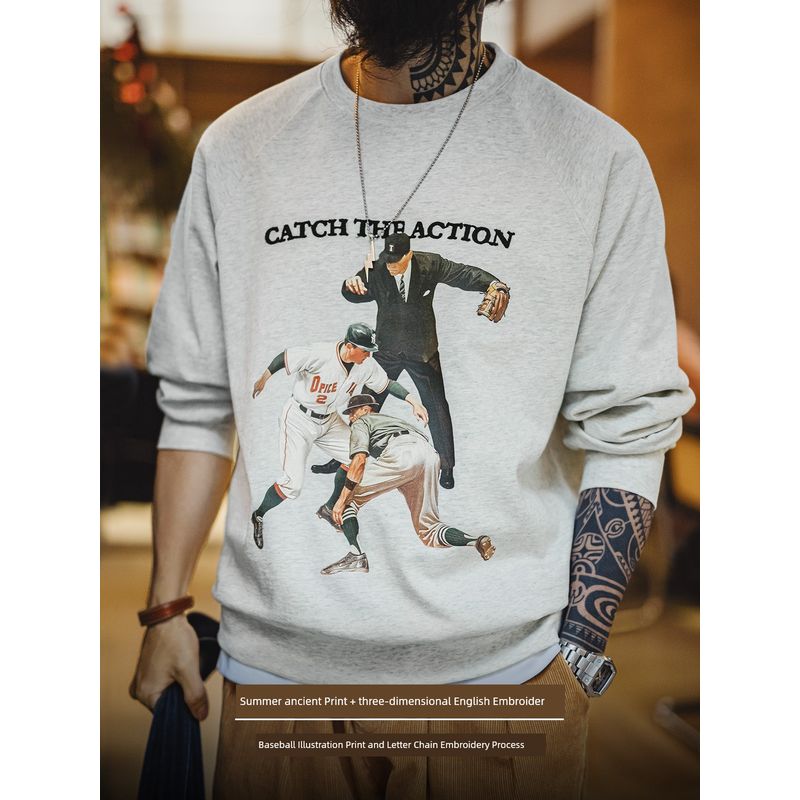 Madden Parka American Retro Baseball Print Sweatshirt Heavy Weight Letters Embroider Loose Casual Top Boys Autumn