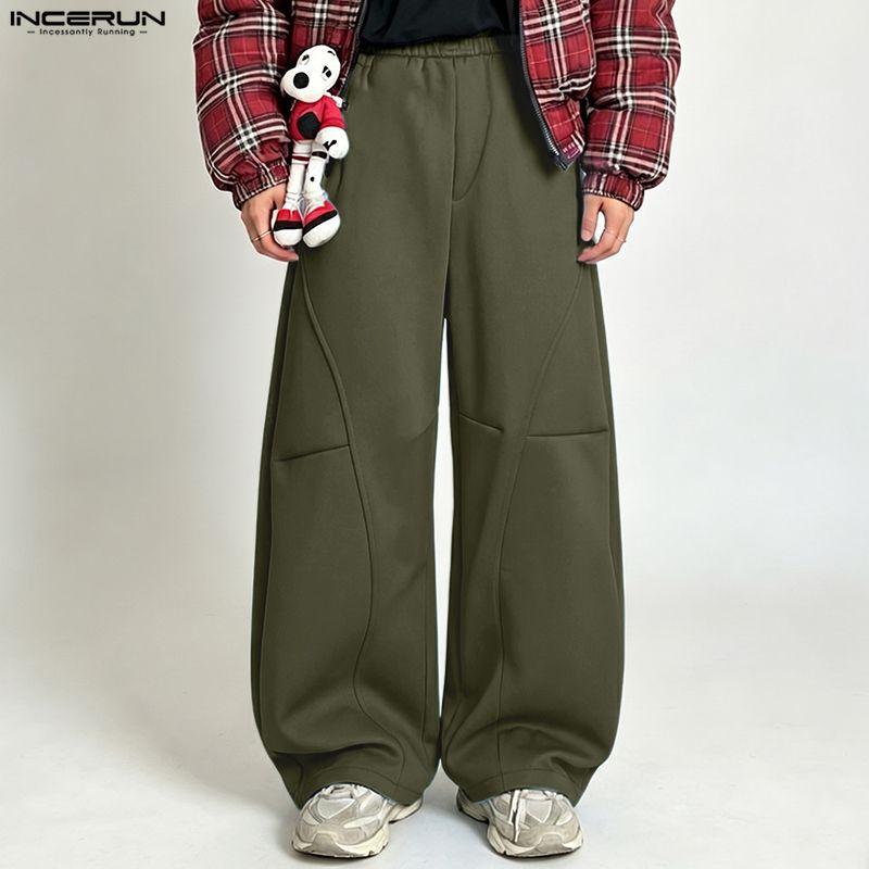 INCERUN Men's Elastic Waist Casual Loose Streetwear Trousers Hip Hop Wide Leg Pants