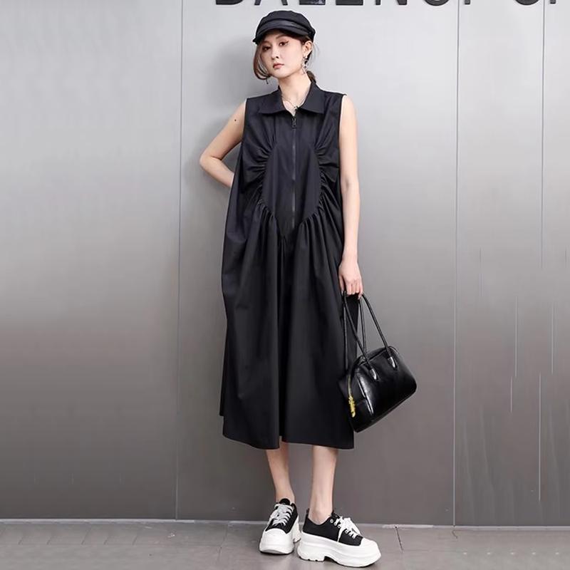 XITAO Fold Zipper Sleeveless Turn-down Collar Dress HQQ2445