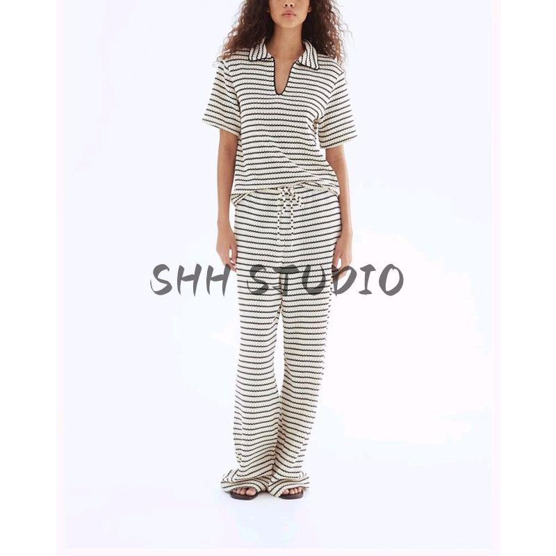 Summer Women's Rollneck Short-Sleeve Shirt Collared Top 1274589 Texture Knit Casual Pants 1283157