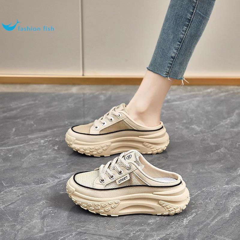 2025 summer half-drag little white shoes new Korean version ins female students height-increasing breathable board shoes casual platform slippers