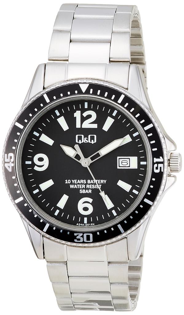 Citizen Analog Battery Date Metal Black Q&Q Men's Watch, 10-Year Life, Waterproof, Display, Band, A24A-001PK,