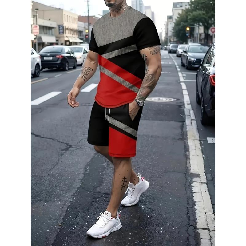 Men s Casual Striped Short Sleeve Sports Suit S