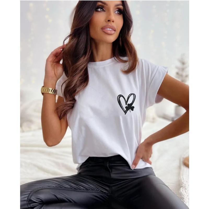 Καλοκαιρινή Γυναικεία Μπλούζα T-shirt με Στρογγυλή Λαιμόκοψη, Τυπωμένη με Σχέδιο 'Love Clover Smiling Face', Μοντέρνα, Casual, Καθαρό Βαμβάκι, Κοντομάνικη