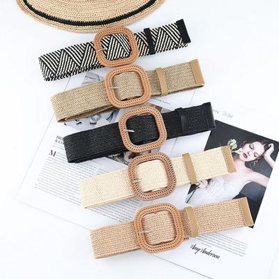 Fashion Women Straw Belt Casual Bohemian Wide Belt Summer Braided Waistbelt  Buckle Elastic Female Straw Waist Belt