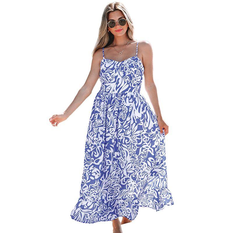 

American Shiying Summer New Flower Sling Dress Women 2025 Seaside Holiday Style High Waist Long dress Women Blue XL code fits (70.00 kg-75.00 kg