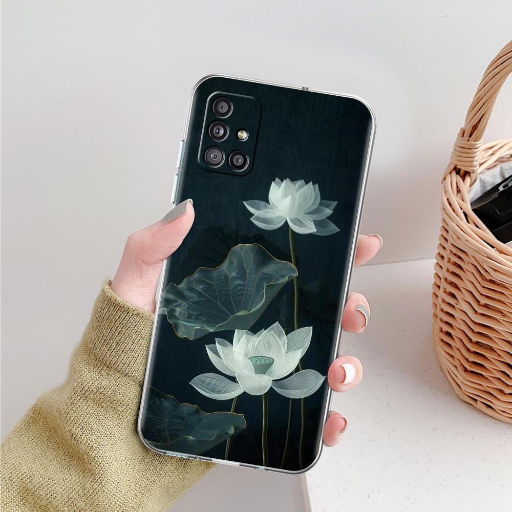 Phone Case For Samsung A15 A13 A35 A55 A51 A71 A41 A31 A21S A03S A05 A17 A23 A25 A33 A53 A73 5G A07 4G Clear Cover Lotus Pattern