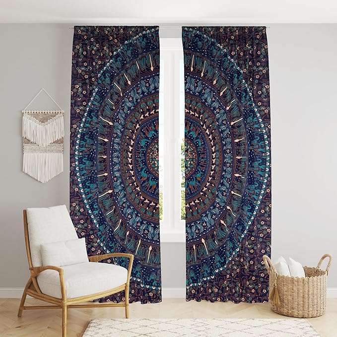 Bless International Beautiful Indian Bohemian Psychedelic Hippie Tree of Life Window Curtain Panels for Bedroom, Living, Balcony (Blue King Queen)
