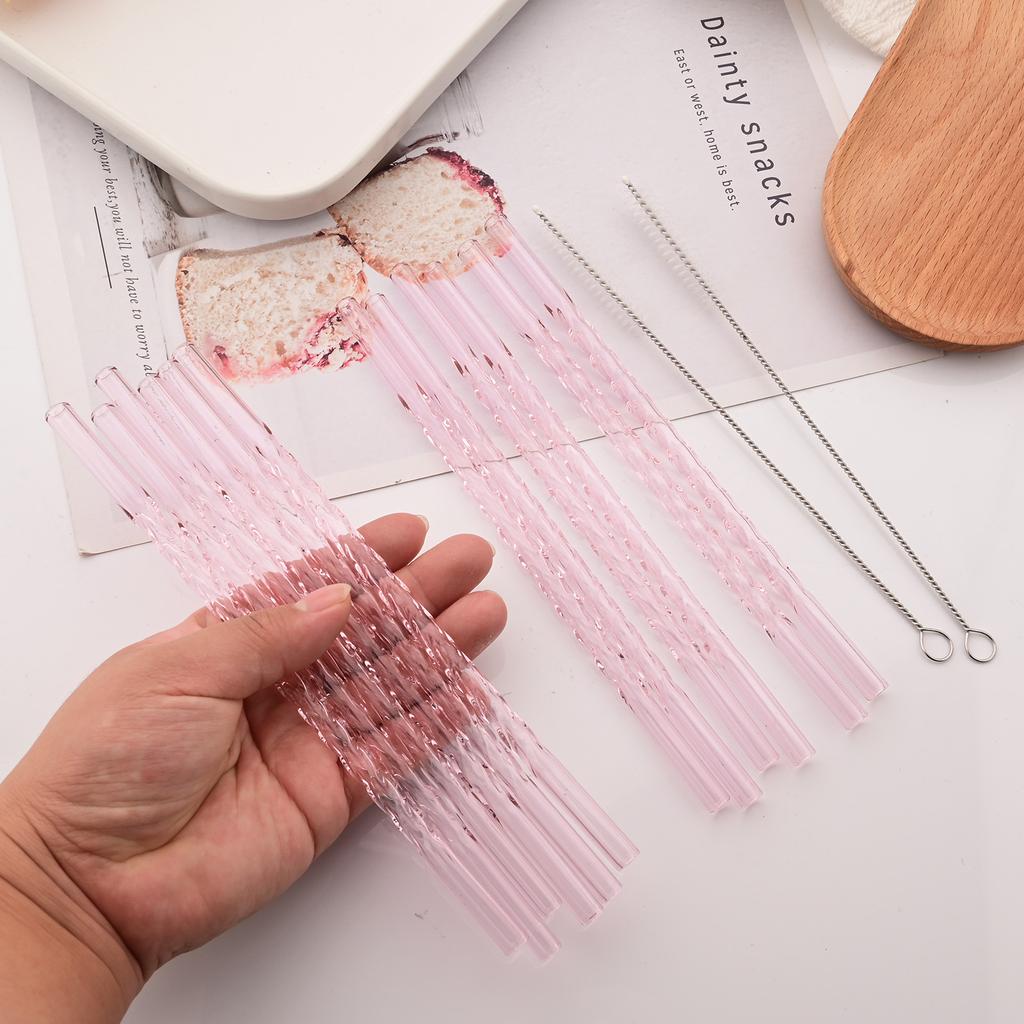 15 PCS Reusable Glass Straws, 8 Inch X 0.3" Thread Pattern Design Colored Drinking Straws, Include 12 Straight Straws, 2 Cleaning Brushes, 1 Bag