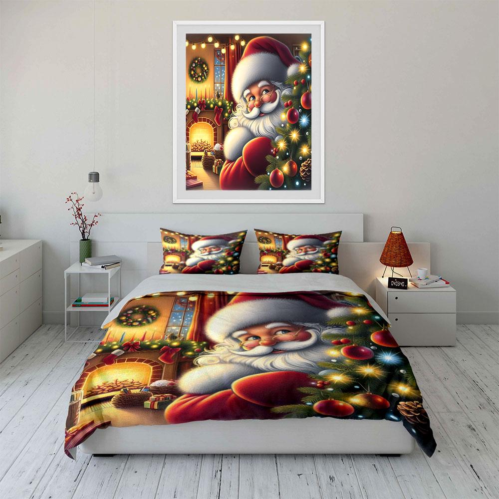 Festive Santa Christmas Scene Bedding Duvet Cover Set Duvet Cover Pillowcases  (1*Duvet Cover 2*Pillowcases, Without Duvet Insert)
