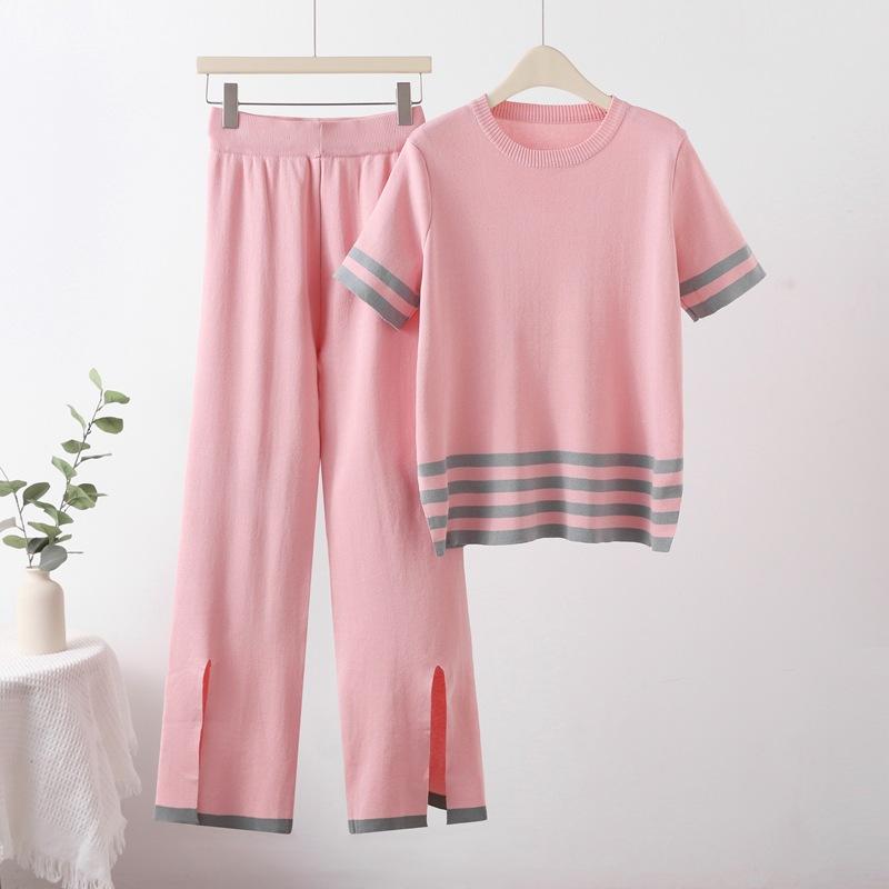 

Fashion Suit Temperament Striped Split Short-sleeved Knitted Sweater High-waisted Wide-leg Pants Casual Two-piece Set one size рожевий