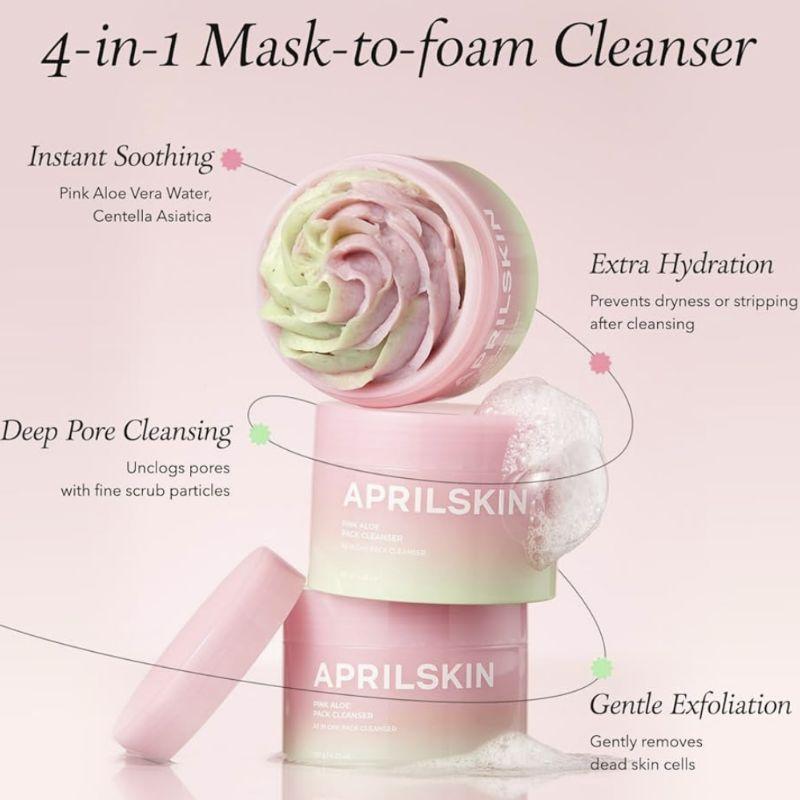 APRILSKIN Pink Aloe Pack Cleanser 120g – 4-in-1 Soothing Mask-to-Foam Facial Cleanser