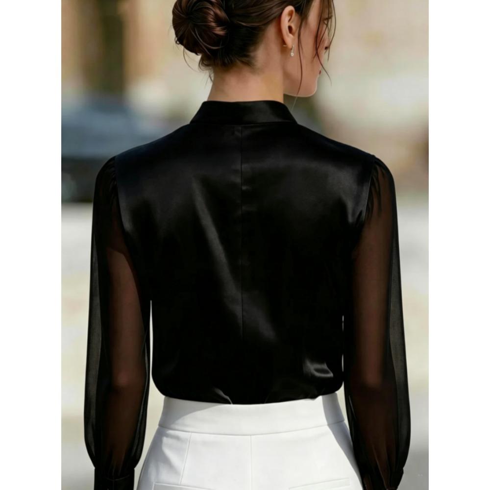 Mesh-paneled Satin Stand-up Collar, Plain-coloured, Sophisticated-chic Women’s Blouse