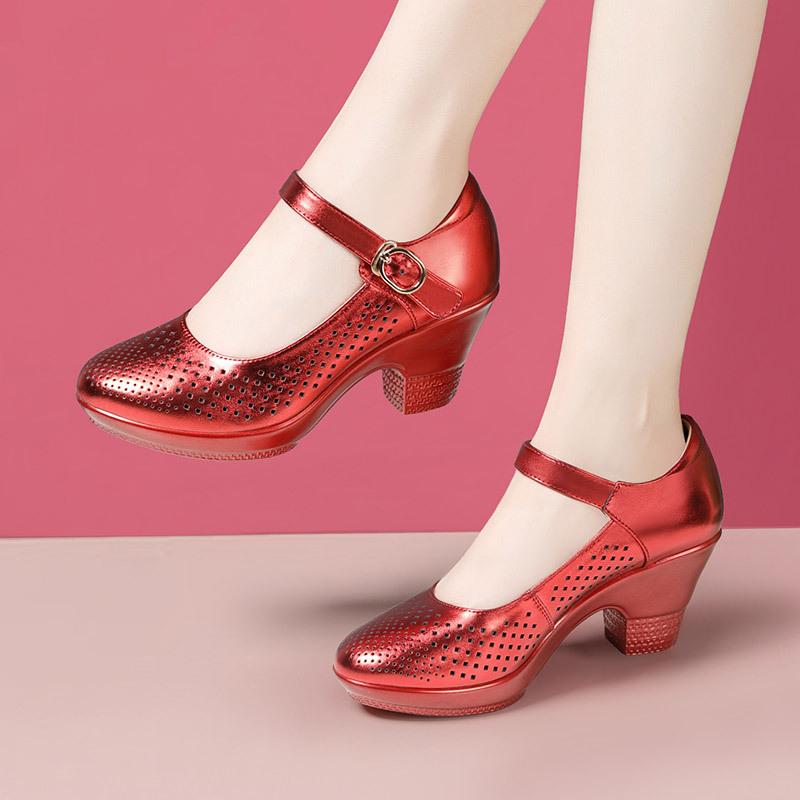 Women Black Genuine Leather Buckle Strap High Quality Shoes Women Dance Shoes Lady Fashion Spring Summer Red Comfort Heel Pumps