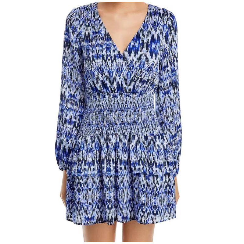 

Foreign Trade Order AQ Home V-neck Elegant and Exquisite Print Lantern Long sleeve Waist Hugging All-Match Casual Personality Dress Blue Flower L