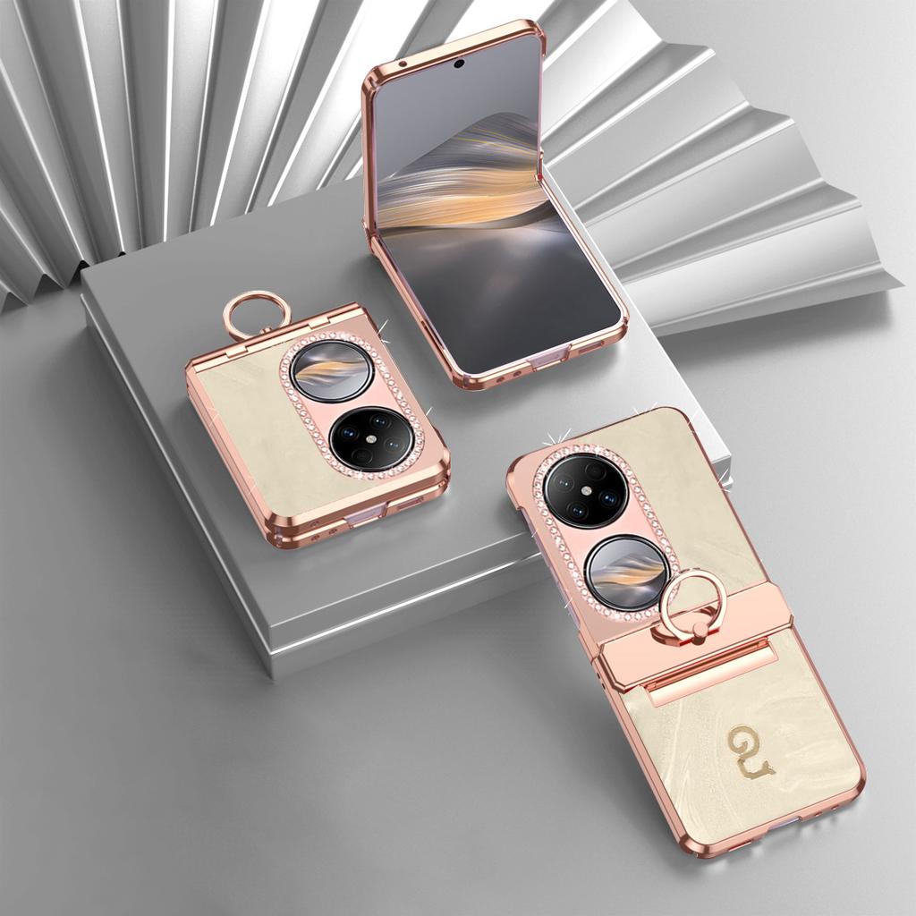 For Huawei Pocket 2 Case Ring Holder Rhinestone Decor PU Leather PC Folding Phone Cover