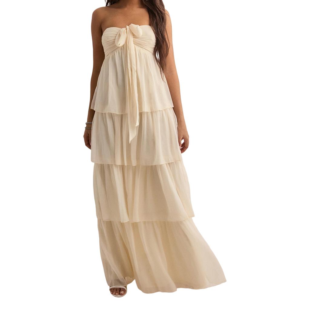 Women's Strapless Long Dress Fashion Sleeveless Tiered Hem Tube Dress Summer Beach Dress