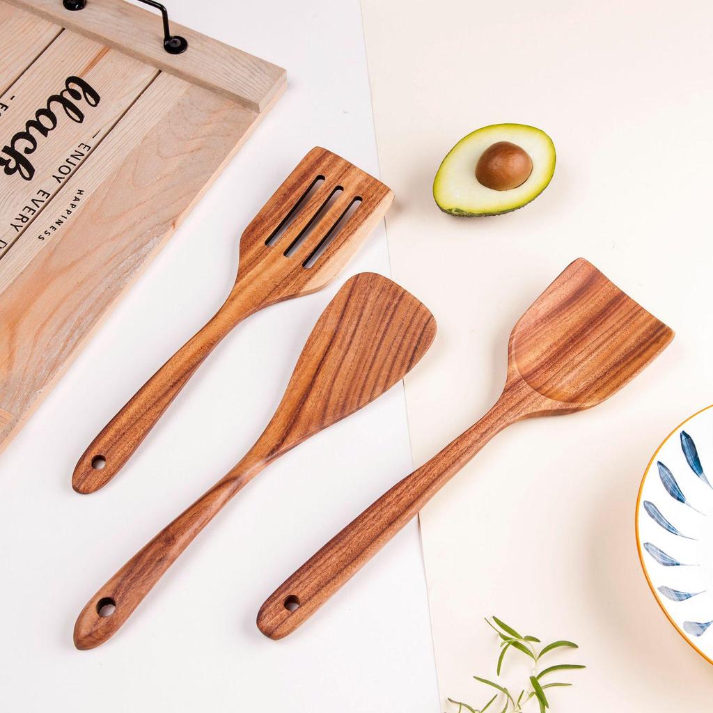 Teak Wood Kitchen Utensil Set: Includes Spatula, Soup Ladle, Stir-Fry Spoon, Slotted Spoon, and Fork for Non-Stick Pans