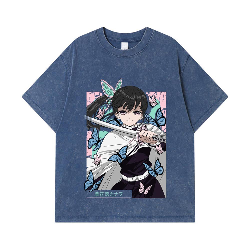 275 GSM Washed T-shirts 100 Cotton Demon Slayer V98 Kanao Print Unisex Heavy Cotton T Shirt 2XL королевский синий 2290₽