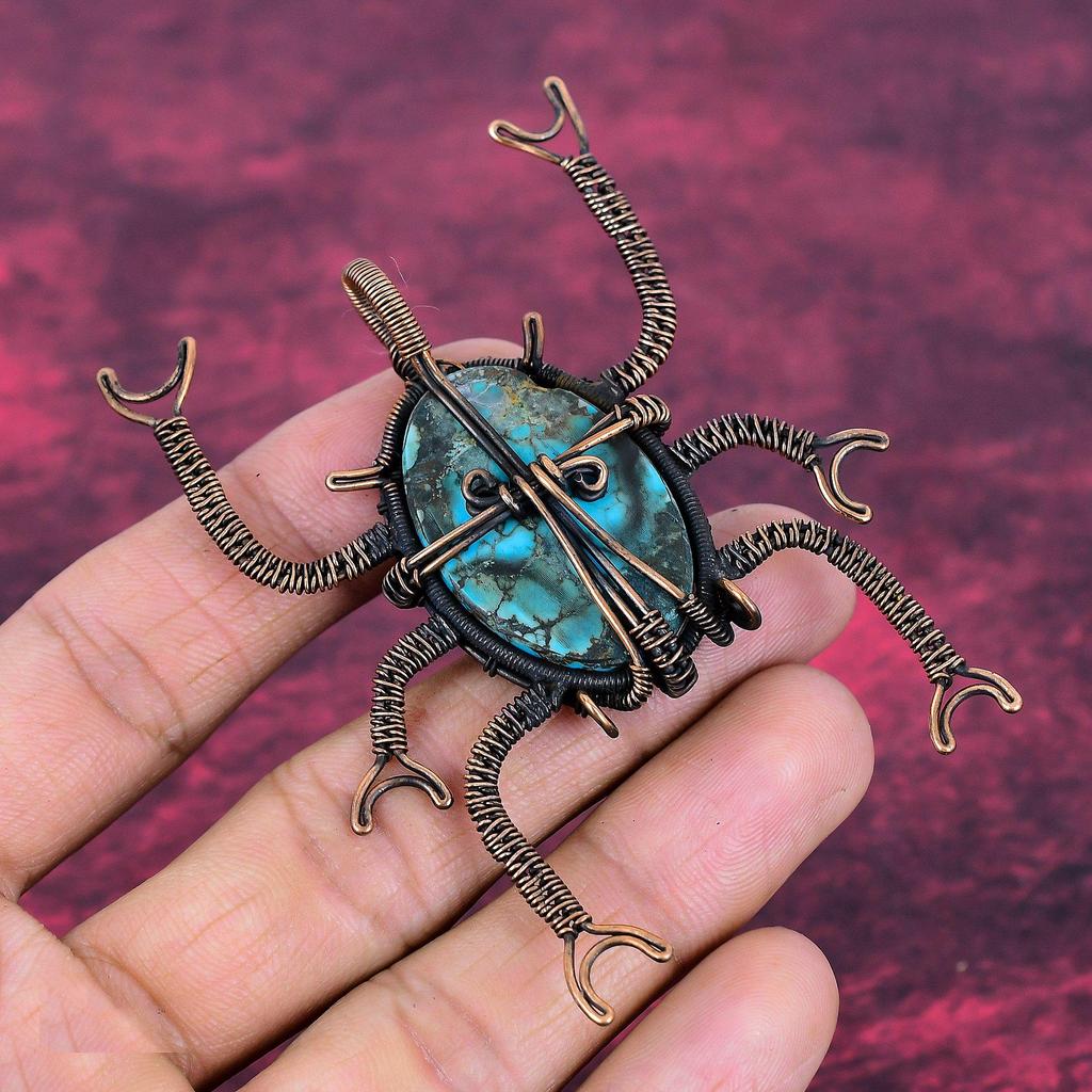 Tibetan Turquoise Pendant Beetle Jewelry Copper Wire Wrapped Gemstone Pendant