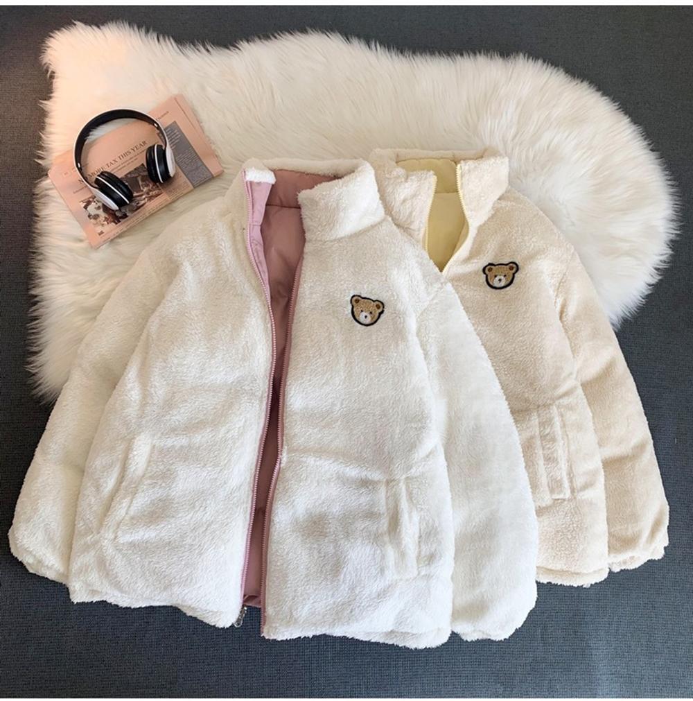 Zimowy haftowany płaszcz parkowy Casual śliczny koreański styl dwustronny projekt gruba luźna ciepła kurtka damska zapinana na zamek