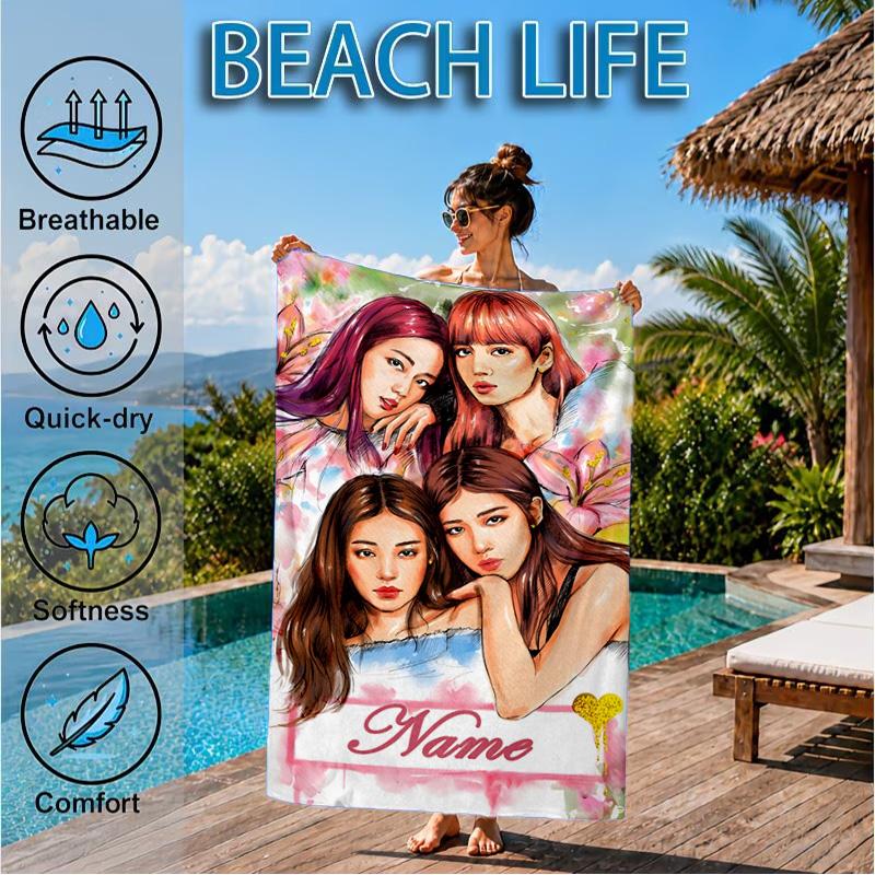 Custom Name Floral Fantasy Kpop Beach Towel Microfiber Beach Towel, Lightweight and Quick-Dry, for Summer Travel, Swimming Pool Gift