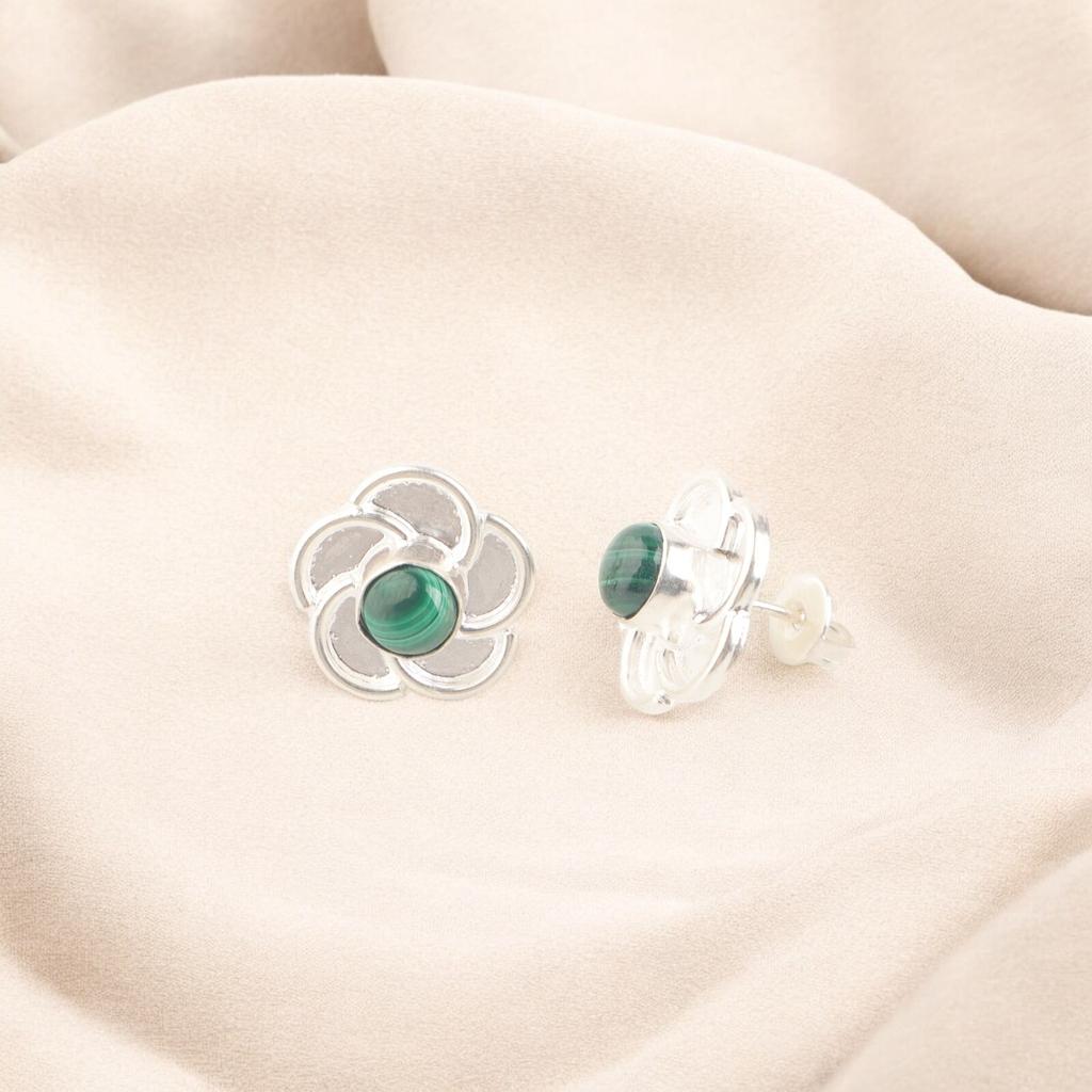Natural Malachite Gemstone 925 Sterling Silver Jewelry Handmade Small Studs 0.5" EE-157-23