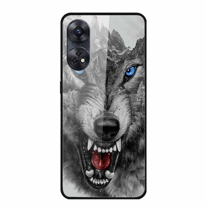 For Oppo Reno8 T 4G Case Luxury Tempered Glass Back Cover Hard Case For Reno8 T 4G 6.43" Capa Funda Animal Vividly Coque Wolf