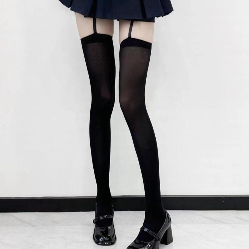 Women Suspender Wide-banded Velvet Tights Lolita Thin Thigh High Stockings with Garters College Style Over The Knee Socks