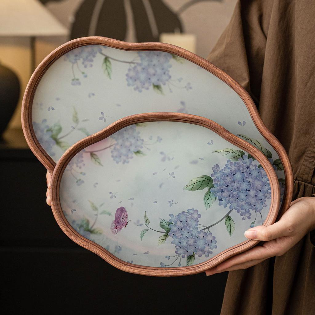 Bambus und Holz Teetablett Hausgebrauch Chinesisch Vintage Hortensie Glasschale Teegeschirr Aufbewahrungsschale
