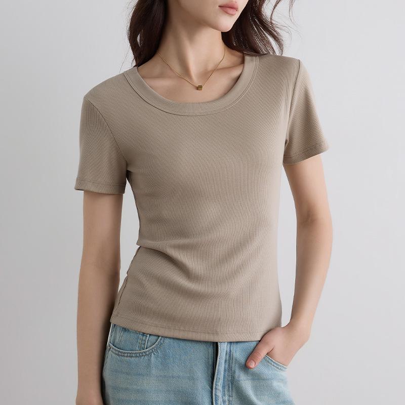 Damen Sommer 2025 Schlank geschnittenes geripptes U-Ausschnitt T-Shirt - Vielseitig Große Größen, Hohe Elastizität, Kurzarm Basis-Top