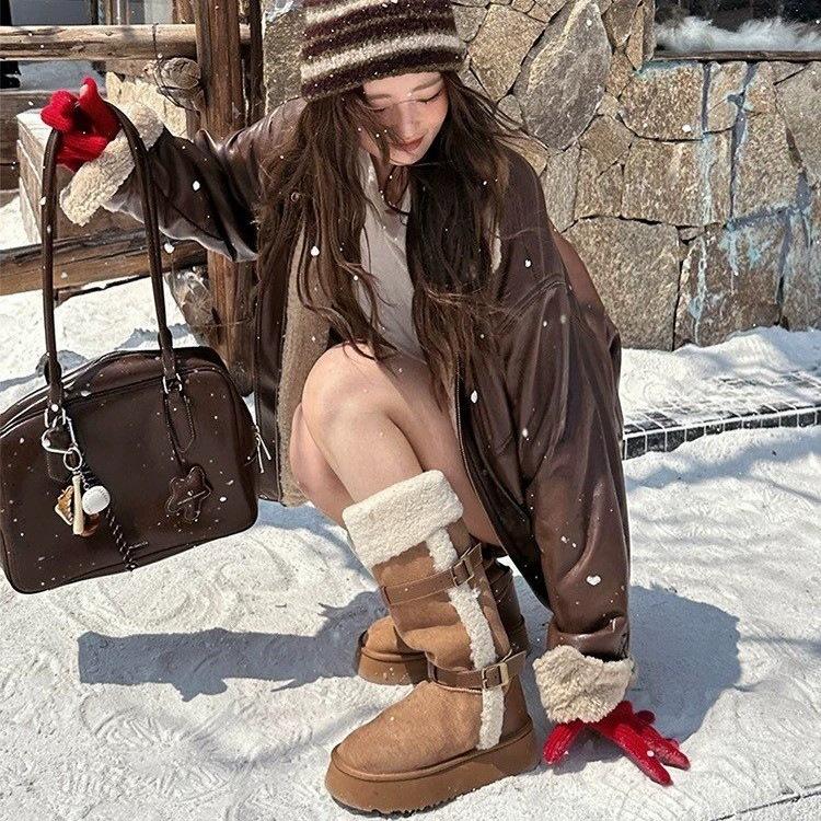 Autumn and Winter New Sheepskin Fur Integrated Warm Snow Boots Large Long Knight Boots Women's Wool Large Cotton Shoes