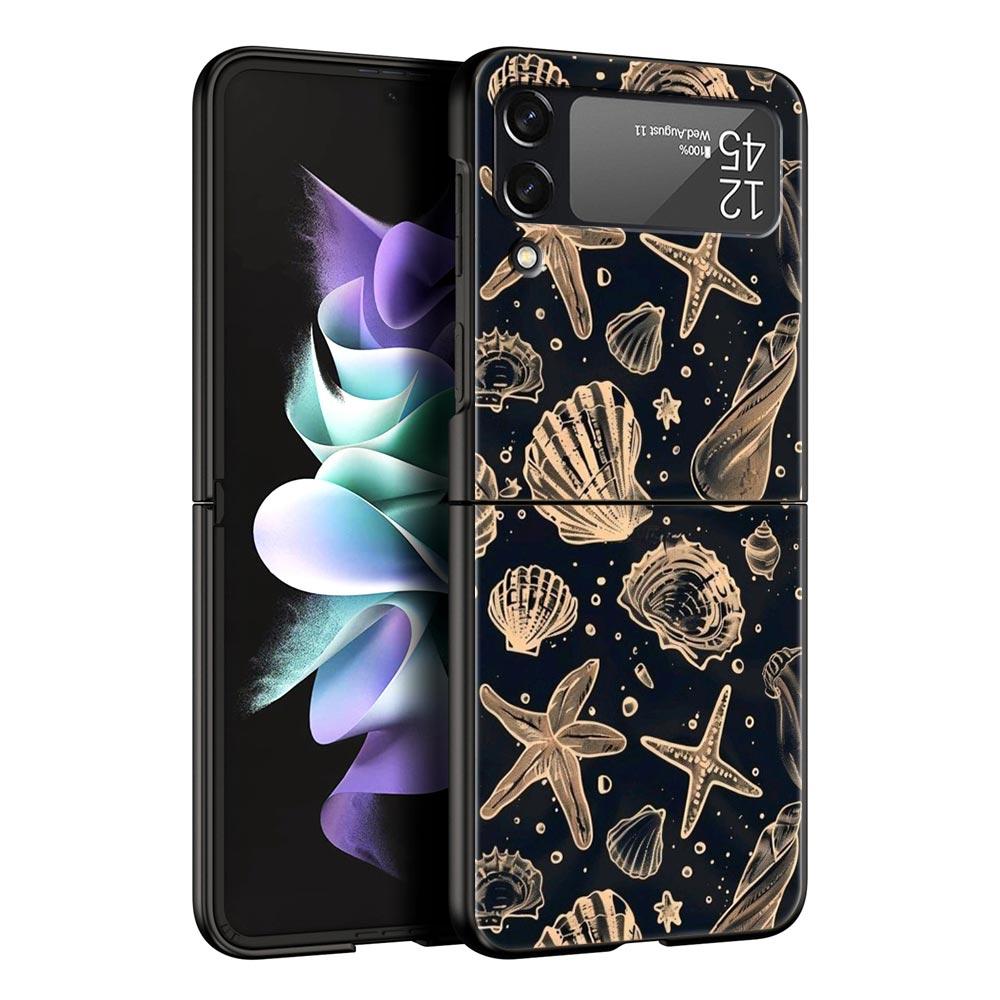 Ocean Coastal Seashell Seaweed Pattern Hard PC Phone Case For Samsung Galaxy Z Flip 7 6 5 4 Black Cover For Galaxy Z Flip3 Shell