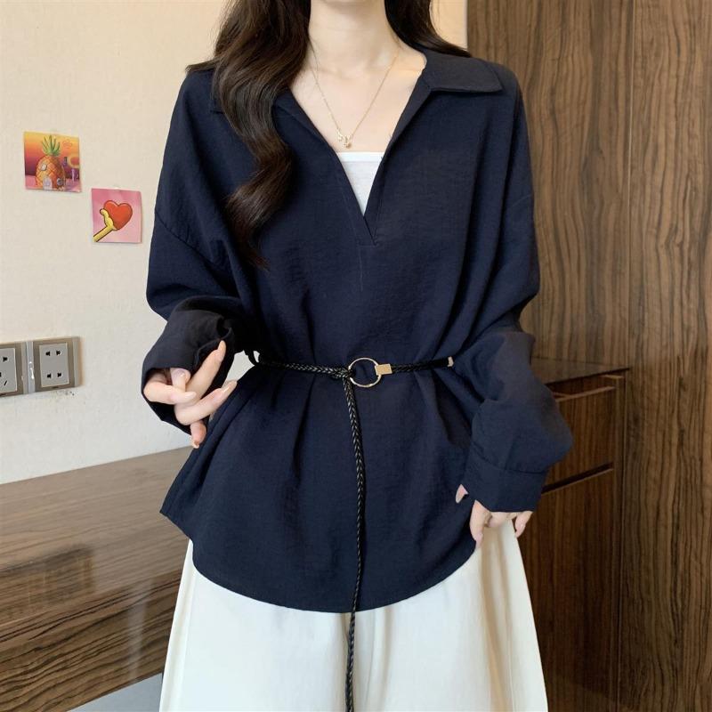 Korean Style Right Shoulder Long Sleeve Shirt for Women Spring and Autumn New Style Commuting All-match Waist Top