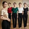 Elegantes Perlenkragen-T-Shirt Locker Damenoberteil Bequemes Satinseiden-T-Shirt Bürokleid