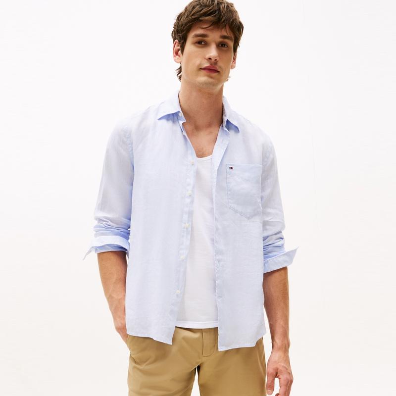 Tommy Hilfiger Comfortable Linen Casual Vacation Style Solid Color Long Sleeve Jacket Shirt Men Tops MW0MW39425